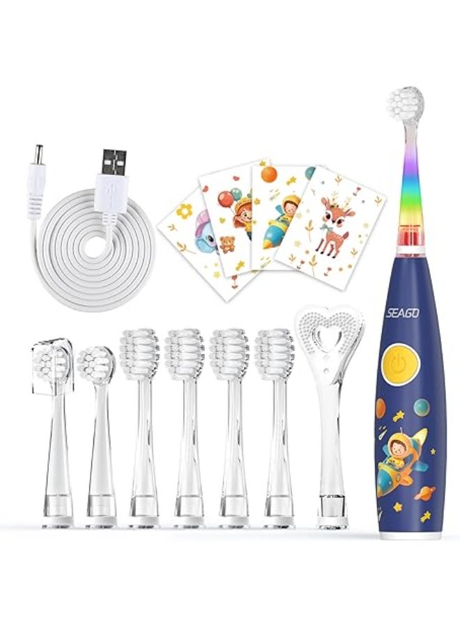 Seago Kids Electric Toothbrushes, Toddler Electric Toothbrush with Colorful Light, 8 Soft Toothbrush Heads, Cute Animal Stickers, Once Full Charger for 60 Days, for Childrens Boys Girls, SG-2159(Blue) - Image 1